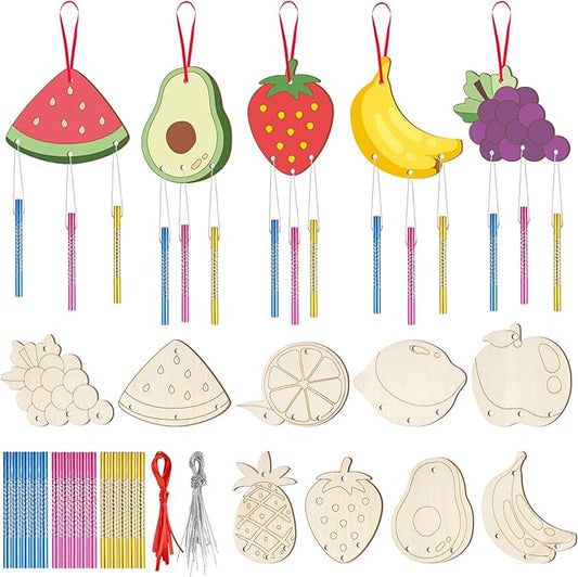 9Pack DIY Wind Chime Kit for Kids, Fruit Theme Wooden Arts and Painting Crafts Hanging Ornaments for Autumn Outdoor Activity Home Garden Patio School Classroom Decor Birthday Party Gift