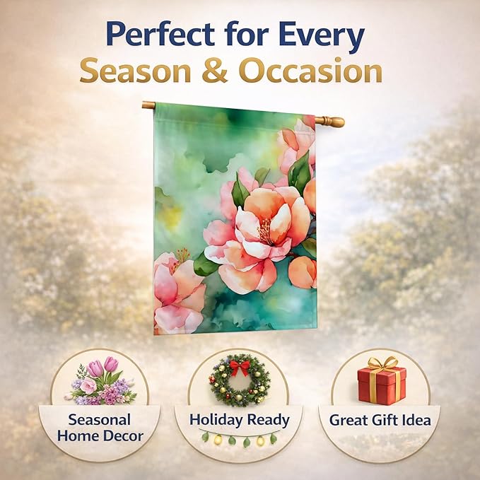 Caroline's Treasures Delaware Peach Blossom in Watercolor House Flag Large Porch Sleeve Pole Decorative Outside Yard Banner Artwork Wall Hanging, Polyester, House Size, Multicolor