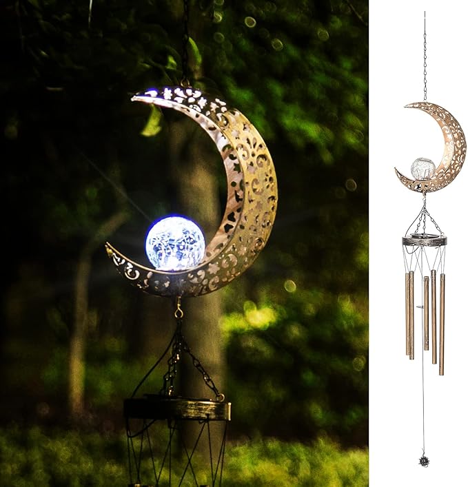 Asense Moon Wind Chimes with Crackle Glass Ball Solar Powered LED Lights, Outdoor Garden Decor, Lawn Yard Patio Decoration, Unique Hanging Decor Gifts