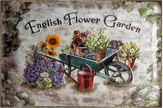 Flowers Metal Poster, Country Rustic Tin Sign, English Flower Garden, Yard Garage Farm Outside Wall Decor Plaque Outdoor for Home Fence 8 X 12 Inch