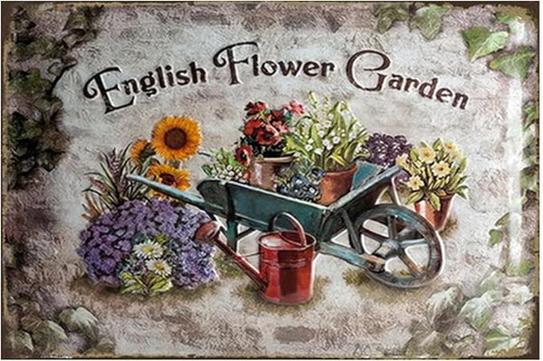 Flowers Metal Poster, Country Rustic Tin Sign, English Flower Garden, Yard Garage Farm Outside Wall Decor Plaque Outdoor for Home Fence 8 X 12 Inch
