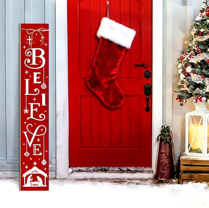 Christmas Porch Sign Believe Nativity Welcome Sign for Front Porch, Red ChristianWood Signs for Patio Jesus Tall Standing Wooden Yard Sign Bless Xmas Decoration for Indoor Outdoor