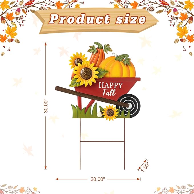 Glitzhome 30" H Fall Metal Wheel Barrow Pumpkin Yard Stake/Hanging Wall Decor,Pumpkin Wagon Cart with Happy Fall Signs,Fall Harvest Porch Decorations for Thanksgiving Autumn Halloween Party Supplies