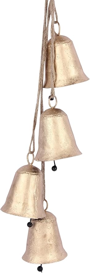 Decorative Cow Bell, 27" Hanging Bells Chime, Rustic Antique Brass Finish Metal Bells with Jute Rope, Tibetan Inspired Farmhouse Vintage Cascading Bell's for Indoor, Outdoor Patio, Garden & Wall Decor
