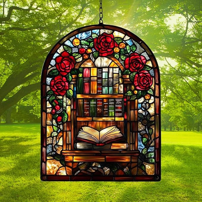 Floral Library Bookshelf Acrylic Suncatcher Stained Glass Effect Window Car Hanging Christmas Ornament Indoor Outdoor Decor Garden Sun Catcher Panel for Book Lover for Women Mom Grandma