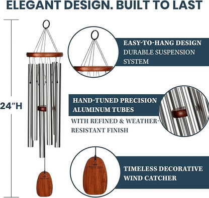 Woodstock Chimes of Comfort 24" Memorial Wind Chimes for Outdoor & Garden, Tuned to Amazing Grace, Sympathy Gift Silver Aluminum Tubes, Teak Wood Finish (WCOC)