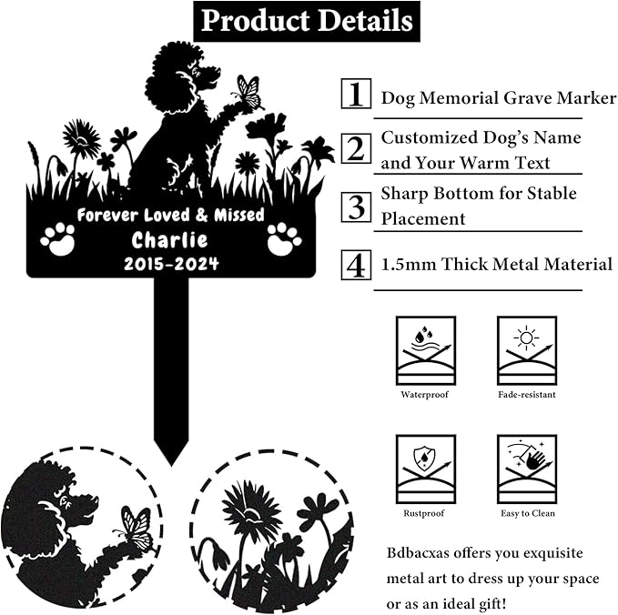 Custom Poodle Dog Memorial Grave Marker,Personalized Metal Flora Dog Memorial Stake,Dog Memorial Plaque Burial Stake Engraved Sign,Sympathy Grave Stake for Lost Dog,Dog Headstone