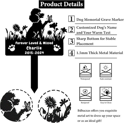 Custom Poodle Dog Memorial Grave Marker,Personalized Metal Flora Dog Memorial Stake,Dog Memorial Plaque Burial Stake Engraved Sign,Sympathy Grave Stake for Lost Dog,Dog Headstone