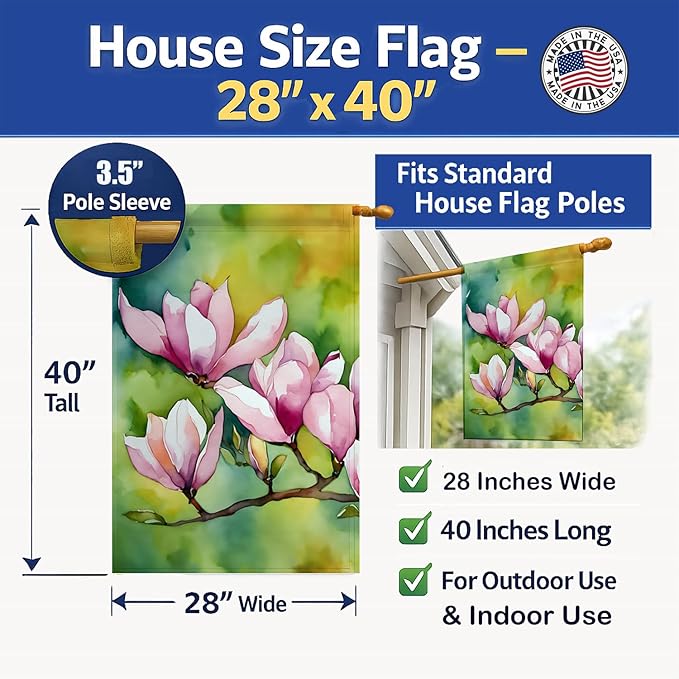 Caroline's Treasures Mississippi Magnolia in Watercolor House Flag Large Porch Sleeve Pole Decorative Outside Yard Banner Artwork Wall Hanging, Polyester, House Size, Multicolor