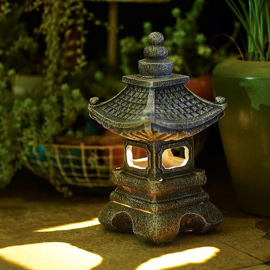 Solar Pagoda Lantern Garden Statue Japanese Zen Lantern Outdoor Decor with LED Light for Landscape Balcony Patio Porch Yard Art Ornament
