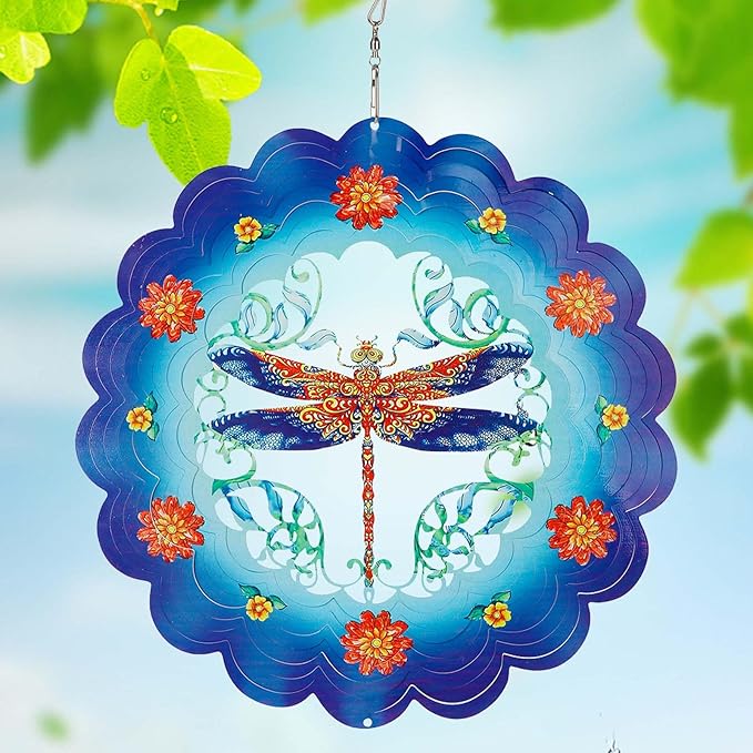 Dragonfly 3D Stainless Steel Wind Spinner - Outdoor Wind Catchers, Kinetic Hanging Ornament, 12Inch Wind Spinners for Gardens and Courtyards