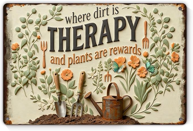 Garden Signs for Outside Where Dirt is Therapy and Plants Are Rewards,2D Flat Funny Metal Signs for Home Garden Patio Yard, Retro Gardening Gifts for Women, Wall Decor 12" x 8"