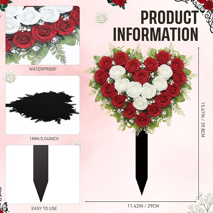 Frienda 2 Sets Cemetery Flowers Grave Stake Metal Floral Decor for Tombstone, Outdoor Gravesite Markers for Mom Dad, Memorial Day Spring Easter Grave Decor(Heart,Red,White)