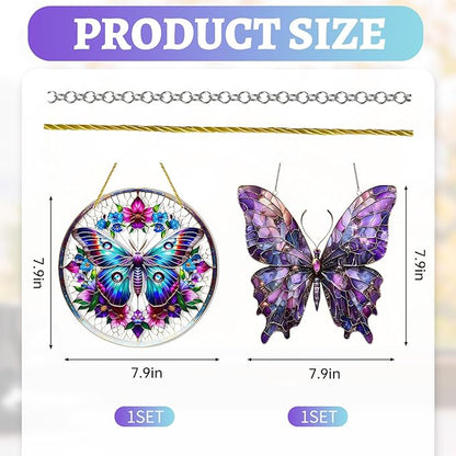 2PCS Butterfly Solar Collector for Windows, Stained Glass Window Hanging, 7.9x7.9in Butterfly Ornament with Chains, Home and Garden Decor, Gift for Women and Nature Lovers