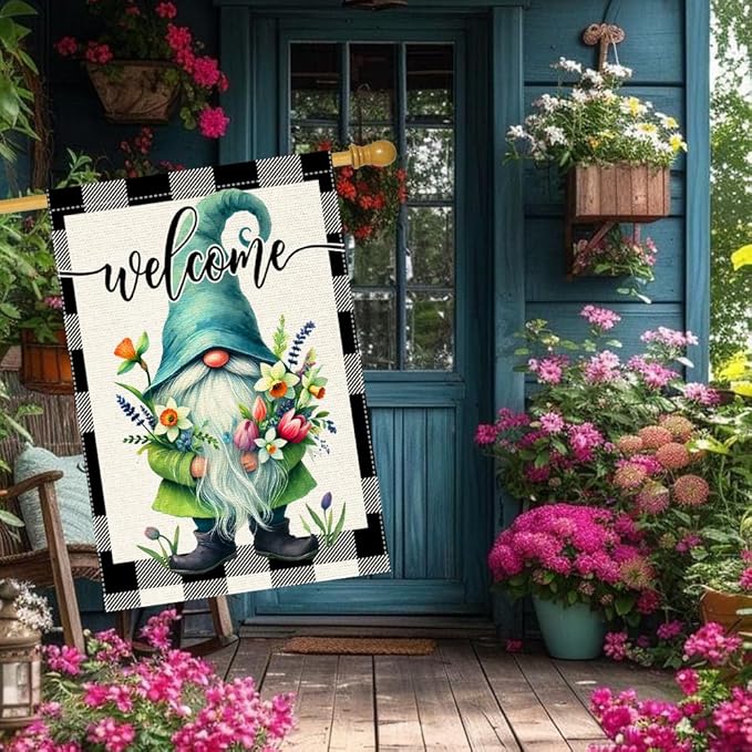 Welcome Spring Summer Gnome Garden Flag Colorful Floral Buffalo Plaid Garden Flags Small Burlap Lawn Seasonal Wildflowers Home Flags Outside Yard 28x40 Inch Double Sided (RMQ-198D, 28"X40")