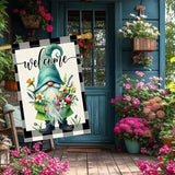Welcome Spring Summer Gnome Garden Flag Colorful Floral Buffalo Plaid Garden Flags Small Burlap Lawn Seasonal Wildflowers Home Flags Outside Yard 28x40 Inch Double Sided (RMQ-198D, 28"X40")