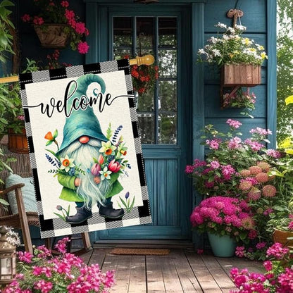 Welcome Spring Summer Gnome Garden Flag Colorful Floral Buffalo Plaid Garden Flags Small Burlap Lawn Seasonal Wildflowers Home Flags Outside Yard 28x40 Inch Double Sided (RMQ-198D, 28"X40")