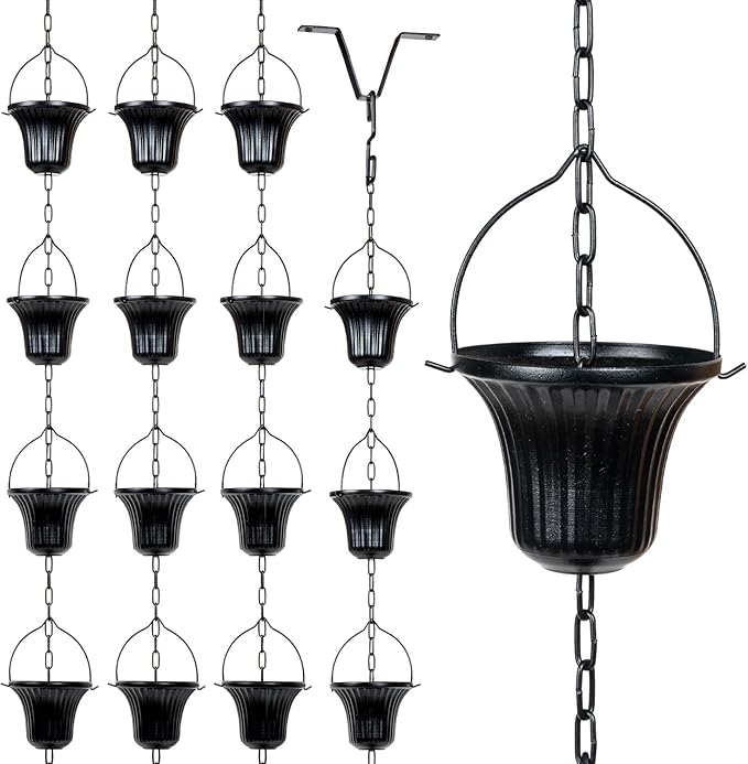 MyGift 10 ft Decorative Rain Chains with 15 Ribbed Bell Cups and V-Hook, Black Metal Rainwater Downspout Replacement for Outside House Gutter Drain Spout