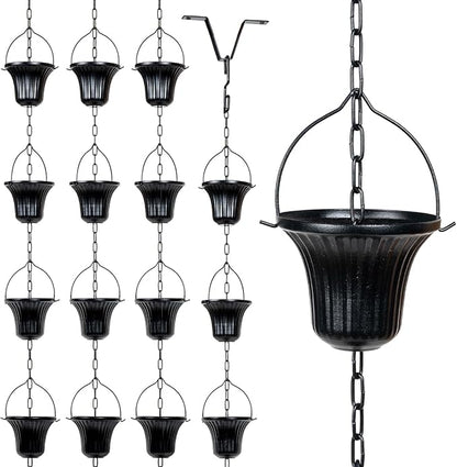 MyGift 10 ft Decorative Rain Chains with 15 Ribbed Bell Cups and V-Hook, Black Metal Rainwater Downspout Replacement for Outside House Gutter Drain Spout