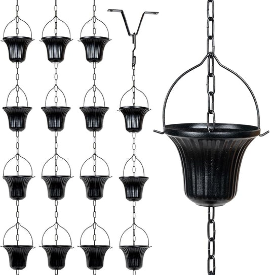 MyGift 10 ft Decorative Rain Chains with 15 Ribbed Bell Cups and V-Hook, Black Metal Rainwater Downspout Replacement for Outside House Gutter Drain Spout