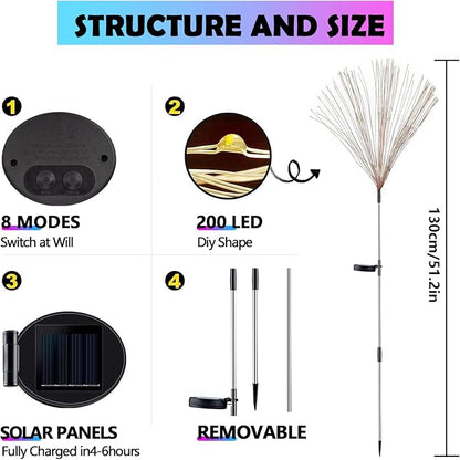 2 Pack Solar Firework Lights Outdoor, Adjustable 32" to 51" Extra Tall, Verified 200 LED Warm White Stainless Steel 3-Section Pole, 8 Modes Waterproof Starburst Garden Lights for Patio Walkway