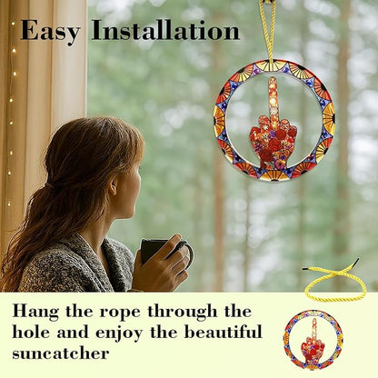 Middle Finger Suncatcher Color Stained Glass Window Hanging, Handmade Acrylic Funny Light Sun Catcher Indoor Outdoor Wall Hanger Ornament, Hand-Painted Glass Panel Decor for Home Office (E)