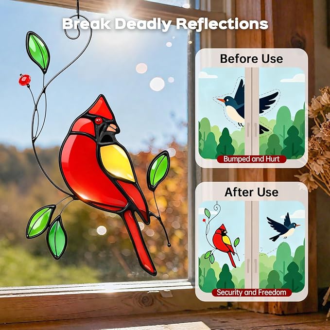 Cardinal Stained Glass Window Hanging for Mother's Day, IDEA SHOW Red Cardinal Suncatcher, Real Glass Window Hanging Ornament, Handmade Bird Home Decor Memorial Gift for Women, Mom, Bird Lover