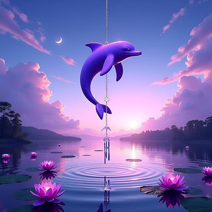 1Pc Purple Dolphin Wind Chime, Crystal Dolphin Hanging Decoration 4 Metal Tubes Wind Chime, Creative Bell Blessing Gift