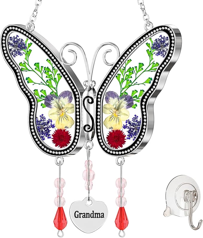 Butterfly Suncatcher Grandma Stained Glass Sun Catcher for Windows Hangings Ornament with Pressed Real Flower Wings in Glass and Metal Heart Charm Birthday Gift for Women Mothers Day Christmas