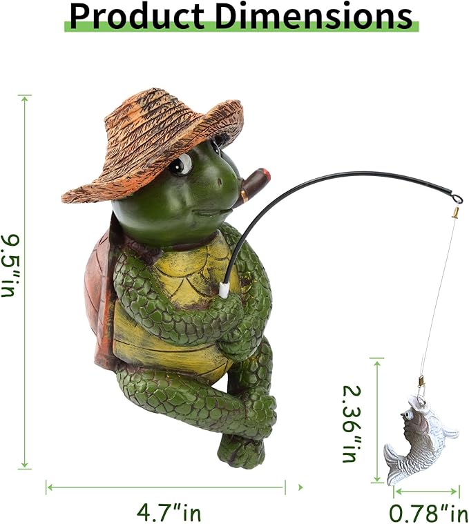 9.5" Turtle Fishing Statues- Whimsical Stone Look Lawn Yard Art, Funny Garden Pond Fisherman Sculpture, Resin Animal Decor, Ideal for Garden Enthusiasts & Turtle Fishing Lovers