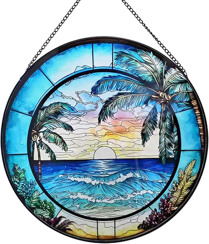 Stained Glass Window Hanging, Summer Beach Window Hanging Light Catcher, Outdoor Light Catcher Garden Decor, Tropical Kitchen Wall Decor Decorative Patios (Beach)