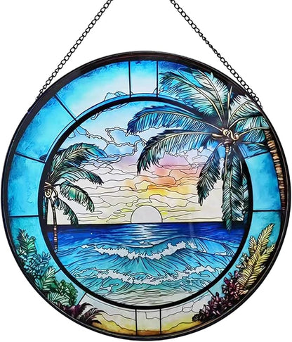 Stained Glass Window Hanging, Summer Beach Window Hanging Light Catcher, Outdoor Light Catcher Garden Decor, Tropical Kitchen Wall Decor Decorative Patios (Beach)