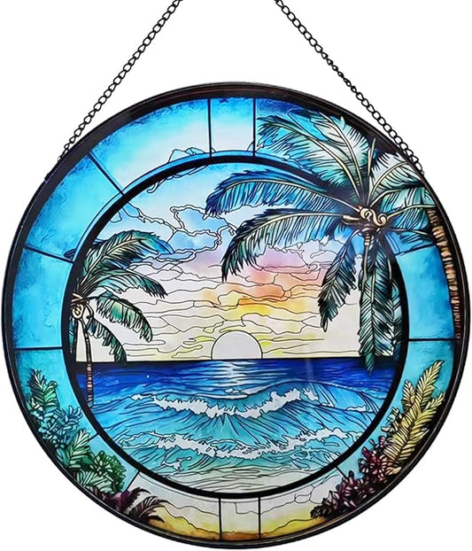 Stained Glass Window Hanging, Summer Beach Window Hanging Light Catcher, Outdoor Light Catcher Garden Decor, Tropical Kitchen Wall Decor Decorative Patios (Beach)