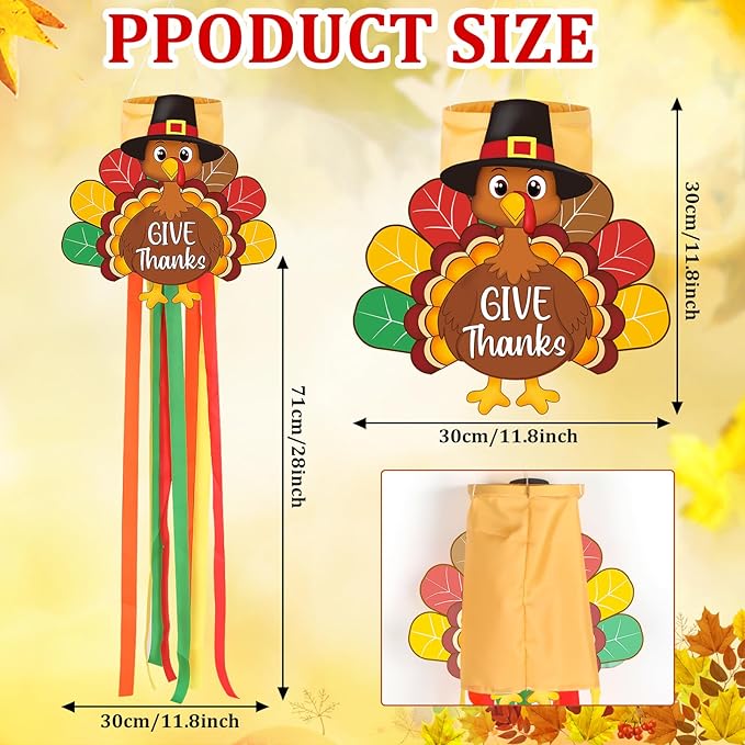 Thanksgiving Turkey Windsock with Streamers Thanksgiving Decorations Outdoor Hanging Decor for Fall Garden Flag Holiday Party Home Tree Lawn Patio Window Yard Wall Balcony Riband Wind Sock Colorful