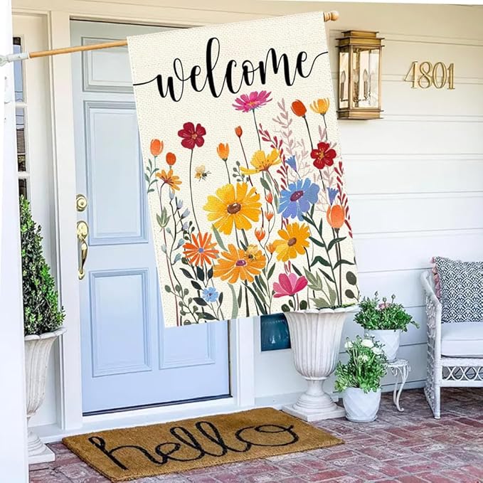 Spring Summer House Flag 28x40 Inch Double Sided Outside Welcome Wildflower Daisy Floral Outdoor Seasonal Decorative Large Garden Flag Decor 1-28