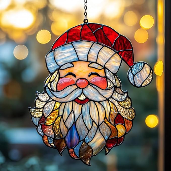 Santa Claus Acrylic Suncatcher Stained Glass Effect Window Car Hanging Christmas Ornament Indoor Outdoor Decor Garden Sun Catcher Panel for Christmas Lover for Women Mom Grandma