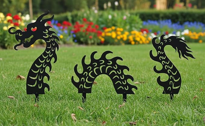 Elenon Dragon Garden Metal Stakes Set of 3, Inspirational Wall Decor Sculpture Hanging for Indoor Outdoor Yard Garden, Silhouette Statue for Patio Yard Walkway Art Decor