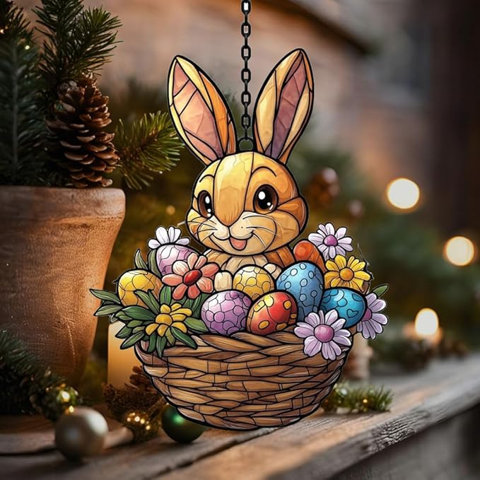 Warm Mosaic Bunny Easter Basket Acrylic Suncatcher Stained Glass Effect Window Car Hanging Christmas Ornament Indoor Outdoor Decor Garden Sun Catcher Panel for Easter Lover for Women Mom Grandma
