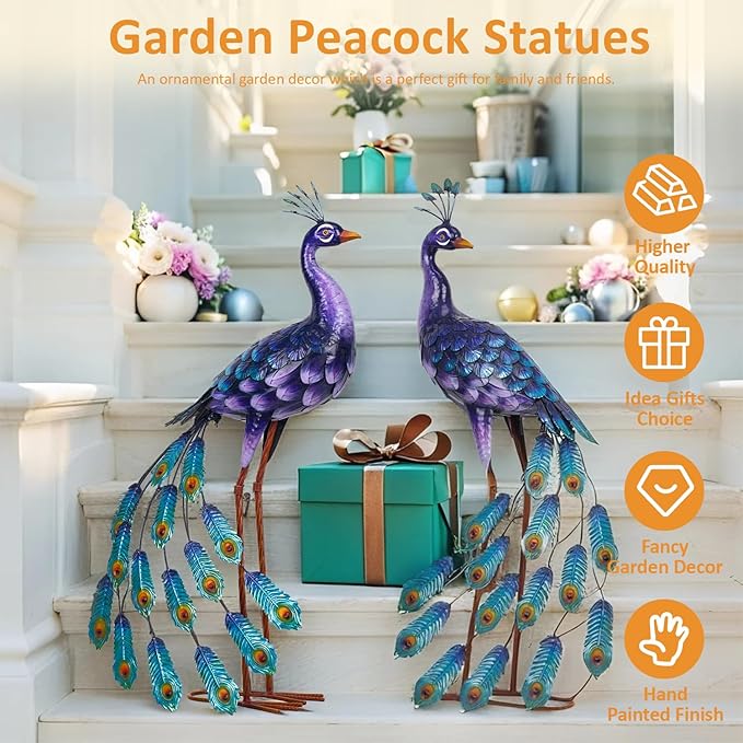 Kircust Purples Peacock Garden Statue and Sculpture, Metal Peacocks Yard Art Lawn Decor, Large Birds Garden Sculptures & Statues for Patio Backyard Pond Home Decoration
