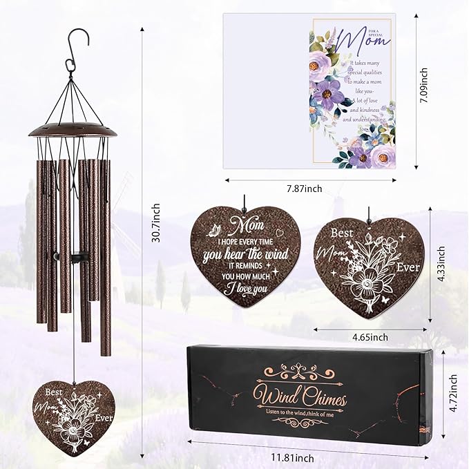 Wind Chimes for Outside, Gifts for Mom Birthday - 25.5" Memorial Sympathy Wind Chime with Gift Box & Greeting Card Garden Patio Decor, Unique from Daughter Son