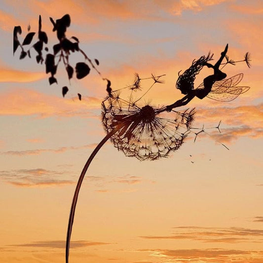Fairies Wire Dandelion Stainless Garden Art Sculpture Steel Statue, Dancing Fairy Dandelion Garden Ornaments Art Decorations for Outdoor Yard Lawn Patio (E)