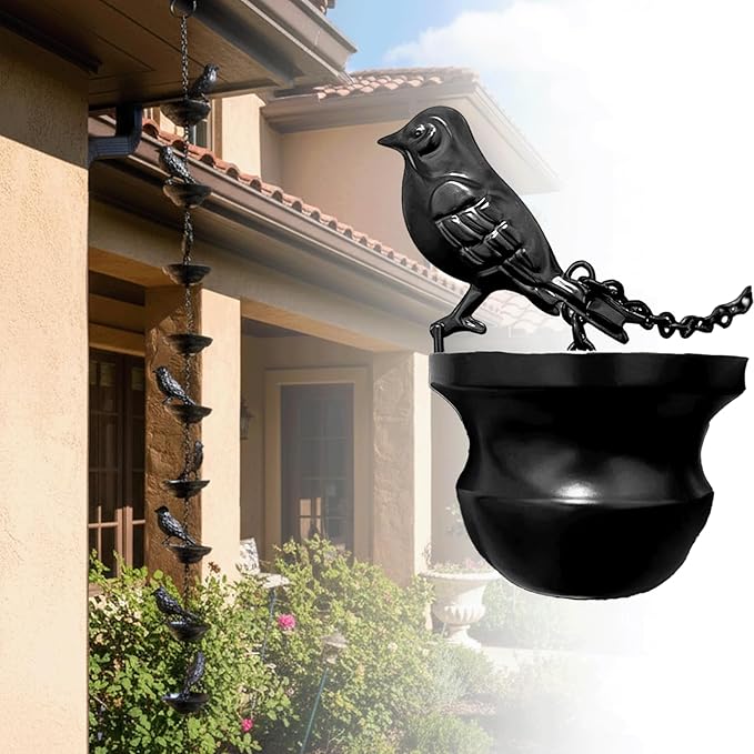 Rain Chain Home Decor, Outdoor 3.54 FT Rain Catcher Chain for Gutter Downspouts Divert for Roof Porch Lawn Gazebos Garden Drainage Eaves Decor (Pinecone) (Bird)