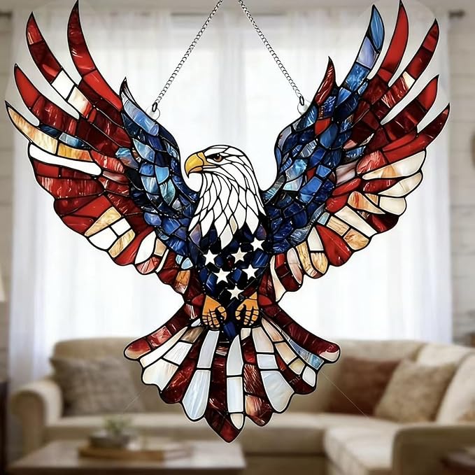 4th of July Sun Catcher for Window Hanging with Eagle Designs Acrylic Stained Glass for Garden 250th Anniversary America Ornament Blue Red White Independence Day Party Decor