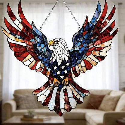 4th of July Sun Catcher for Window Hanging with Eagle Designs Acrylic Stained Glass for Garden 250th Anniversary America Ornament Blue Red White Independence Day Party Decor