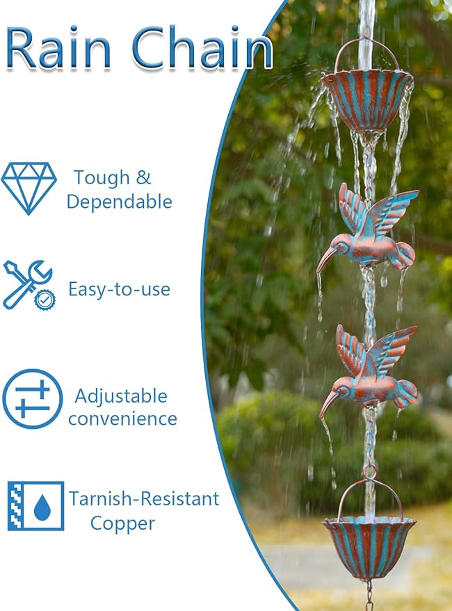 Rain Chains for Gutters, 8.8ft Rain Catcher Chain with 7 Metal Cups & Hummingbird Decor, Adjustable Downspout Replacement for Roof Drainage & Decorative Water Collection(Hummingbird Blue)