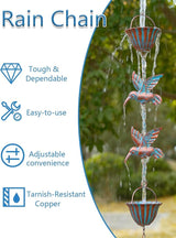 Rain Chains for Gutters, 8.8ft Rain Catcher Chain with 7 Metal Cups & Hummingbird Decor, Adjustable Downspout Replacement for Roof Drainage & Decorative Water Collection(Hummingbird Blue)