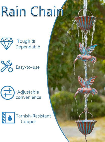 Rain Chains for Gutters, 8.8ft Rain Catcher Chain with 7 Metal Cups & Hummingbird Decor, Adjustable Downspout Replacement for Roof Drainage & Decorative Water Collection(Hummingbird Blue)