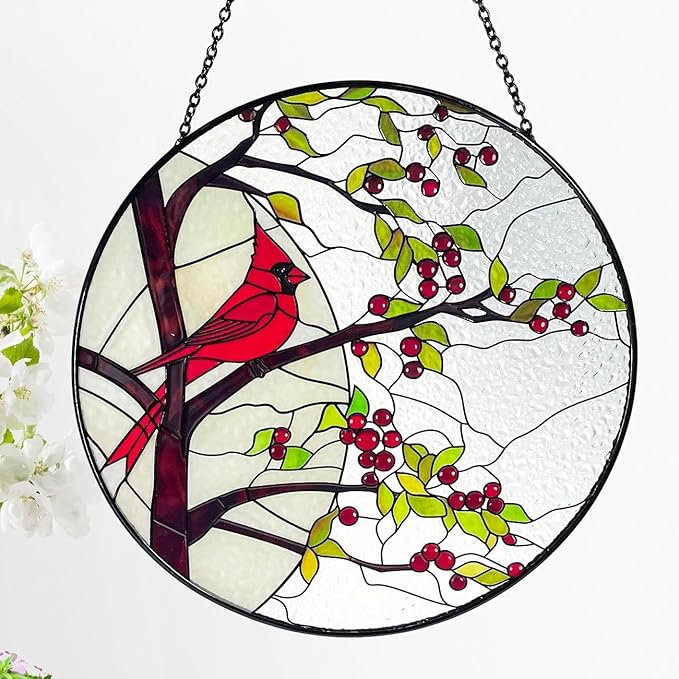 Stained Glass Window Hanging Sun Catcher 11.8”- Cardinal in Full Moon Stained Glass Suncatcher, Red Berry Tree, Nature, Indoor Decor, Wall Art, Gifts for Women