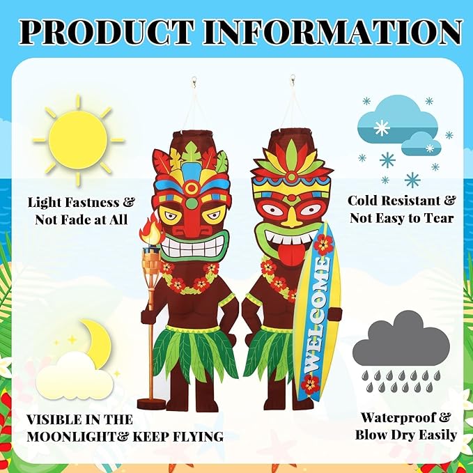 NOVWANG 2 PCS Luau Party Windsock, Hawaiian Party Hanging Decoration Tiki Outdoor Wind Sock for Yard Garden Patio Hawaii Luau Tropical Birthday Decor