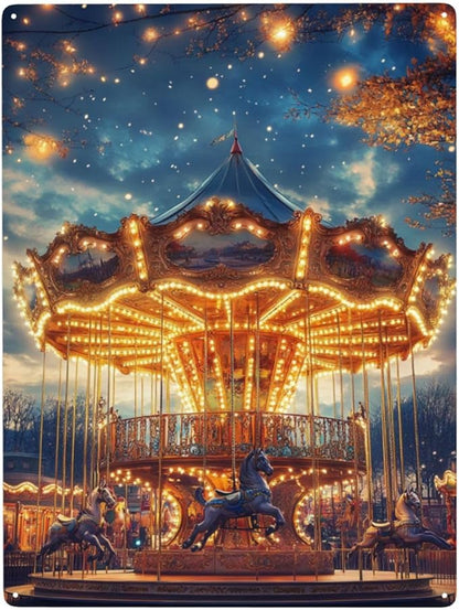Tin sign Classic Carousel,Metal signs wall decor,Exquisite art plaque poster,for office,studio,living room,kids room,bar,cafe,Garden,Practical decorative Gifts,Easy to hang,12x16 inch